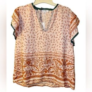 THML Border Print Flutter Sleeve shirt, rust/pink, size medium